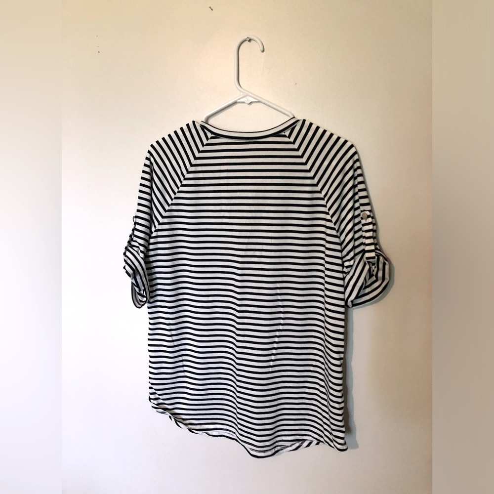 Ace & Ally Classic Black and White Striped Women's T Shirt Rolled Sleeves - Picture 4 of 5